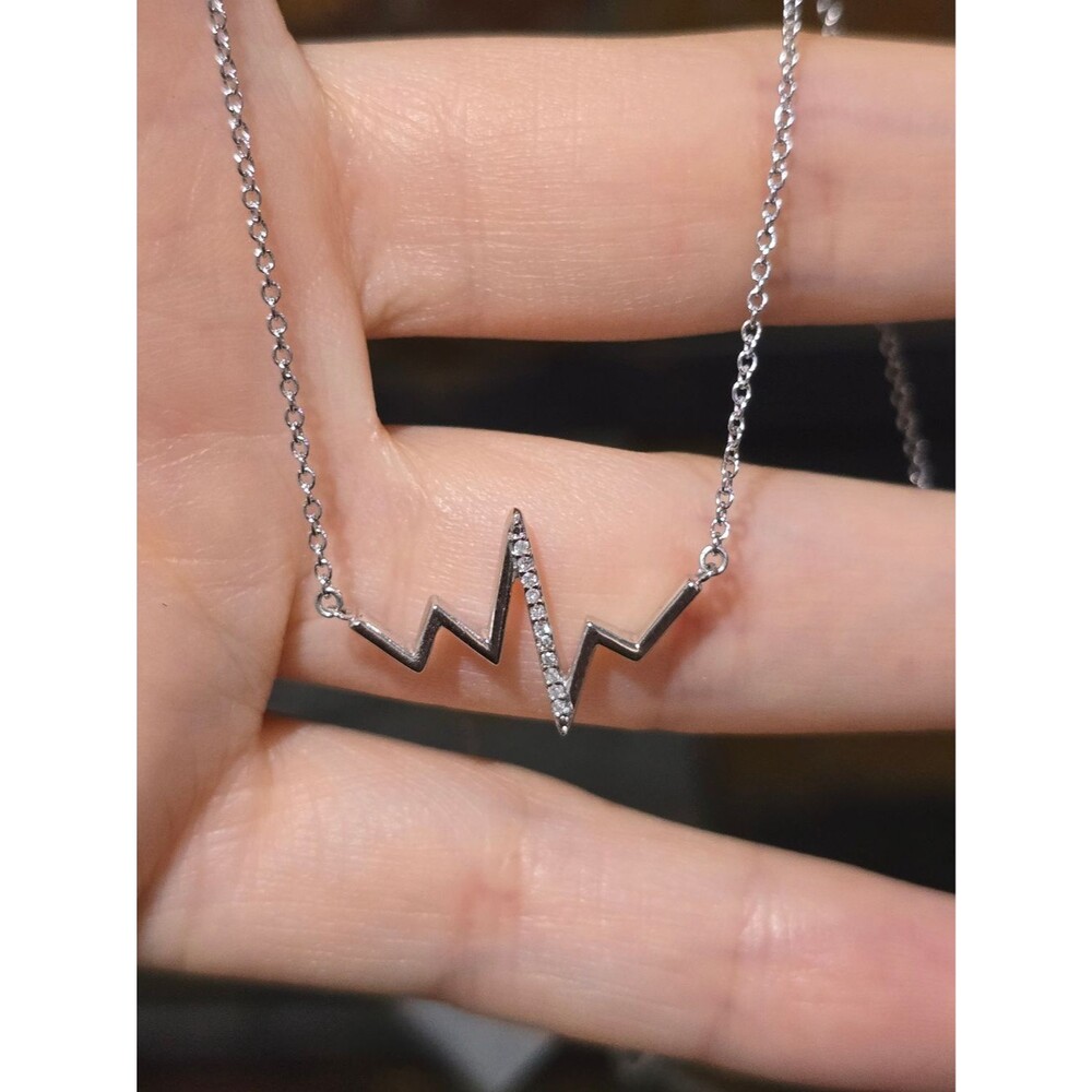 0.1ct Natural Diamond Sterling Silver Heartbeat Necklace 16" - 18" Made in Italy